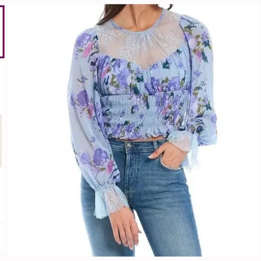 Free People Daphne Blouse Top Smocked Cropped Size XS Blue Floral Print